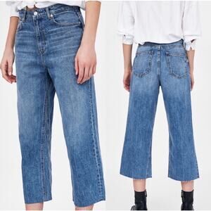Zara High Waist Culottes Jeans Blue Size 4 Raw Hem Medium Wash Cotton Casual